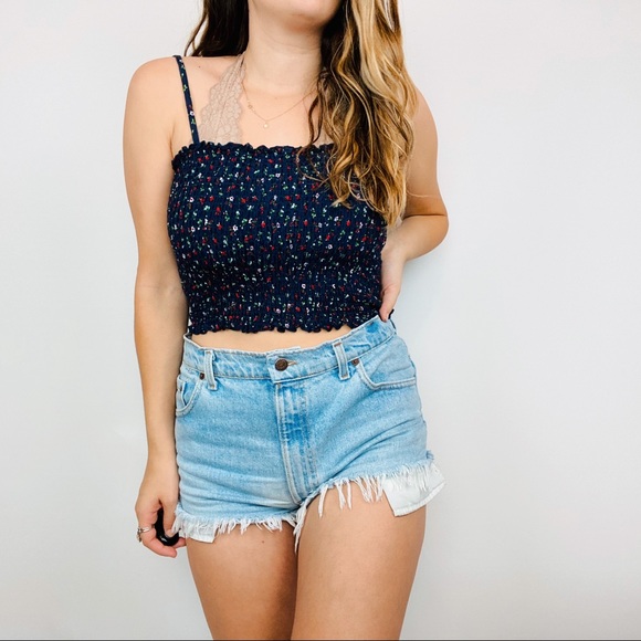Brandy Melville Tops - Brandy Melville navy floral smocked crop top